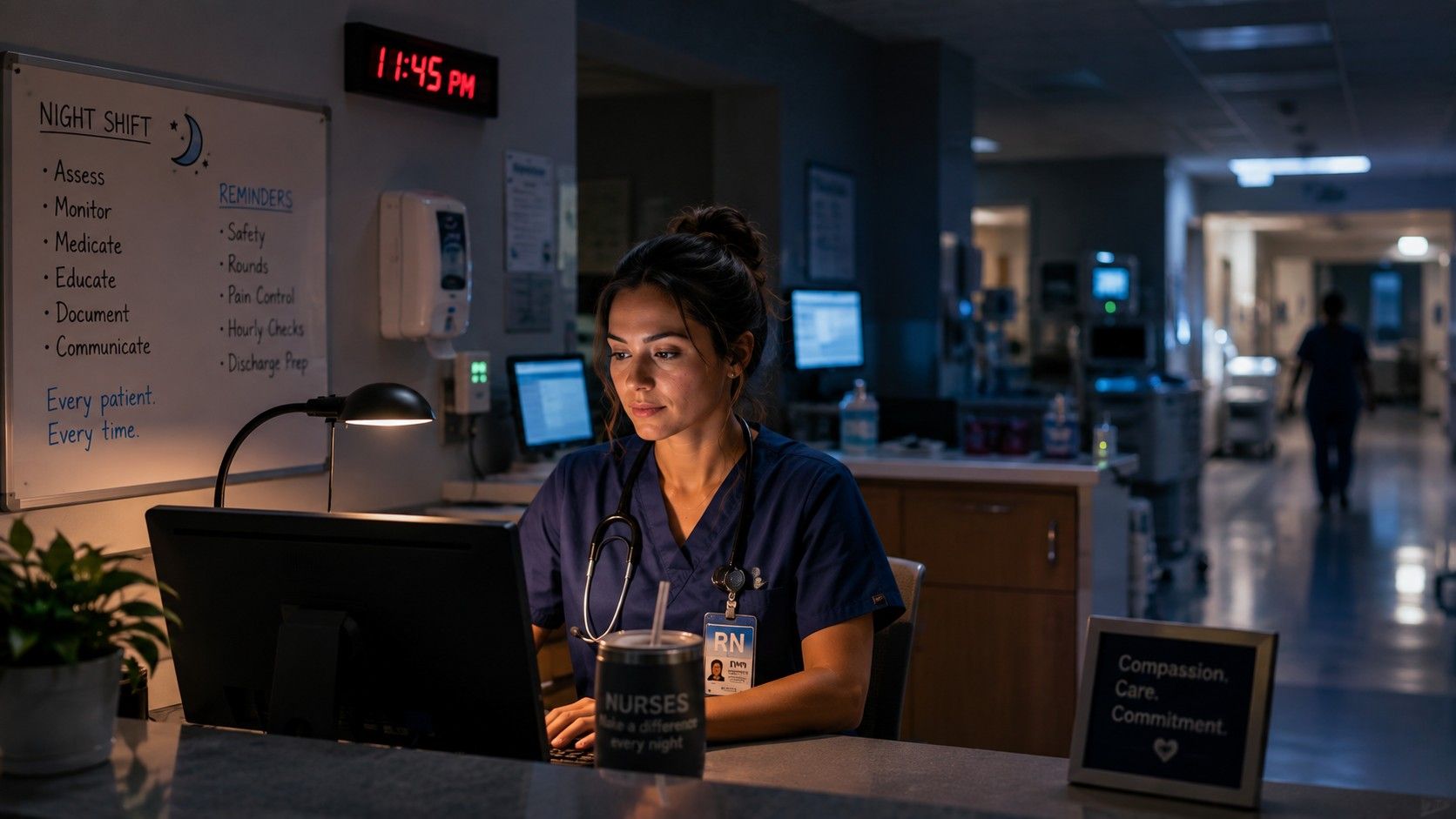 California RN working a night shift at a hospital nursing station.jpeg