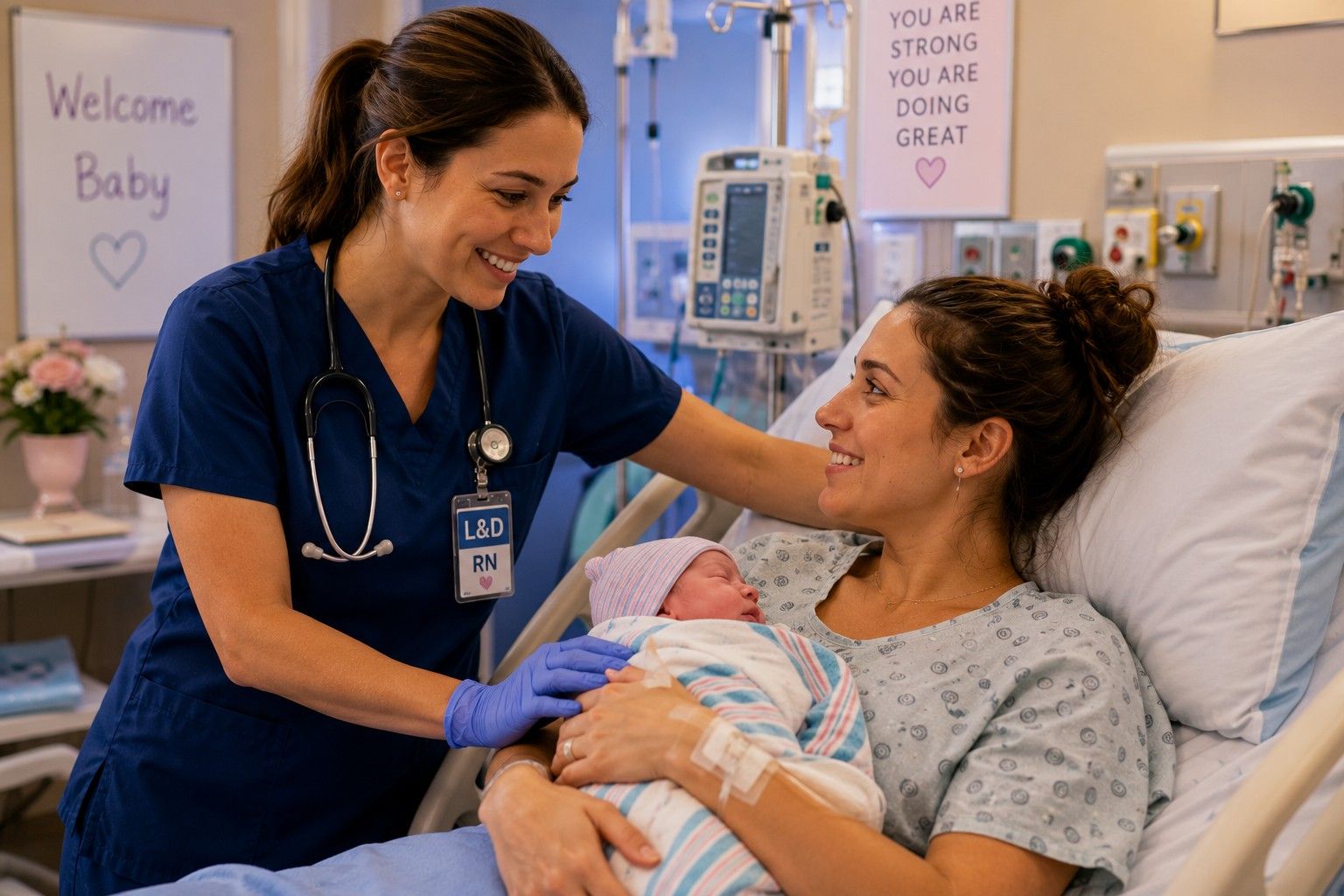 Labor and delivery travel nurse supporting a mother and newborn..jpeg