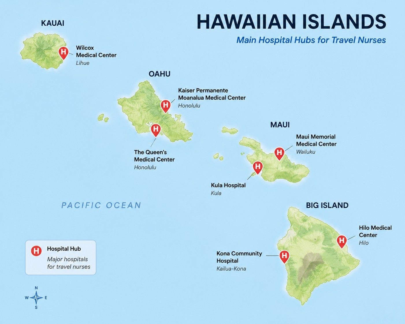 Map of Hawaii travel nurse hospital hubs across Oahu, Maui, the Big Island, and Kauai..jpeg
