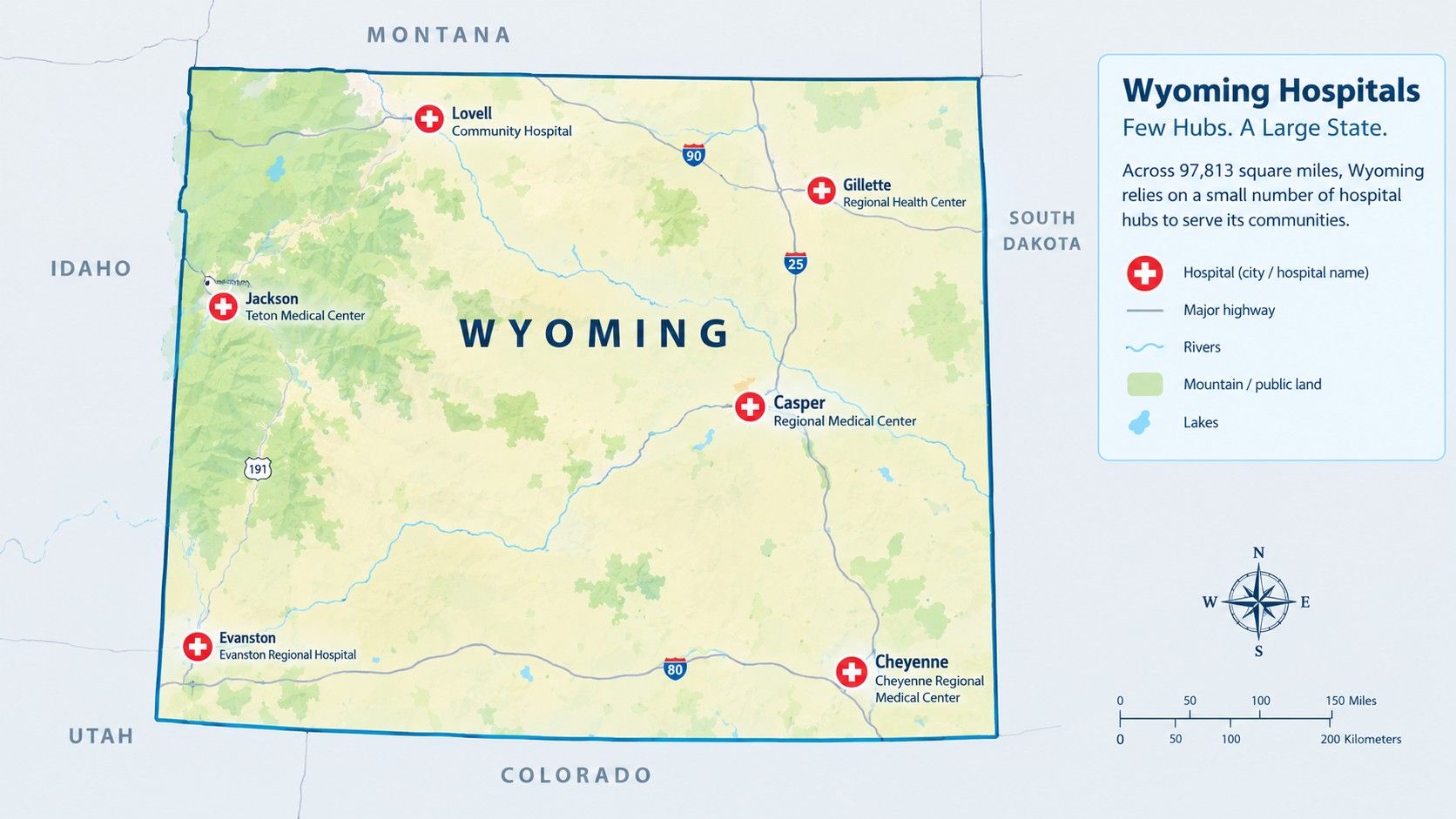 Map of Wyoming's scattered hospital hubs across a large, rural state - We-Care Staffing.jpeg