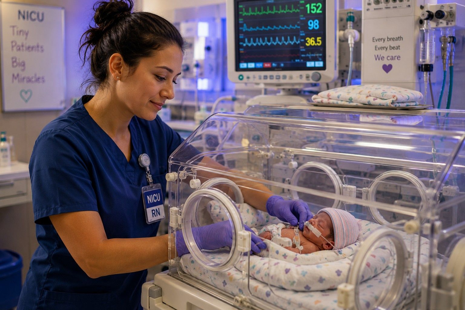 NICU travel nurse caring for a premature infant in an incubator..jpeg