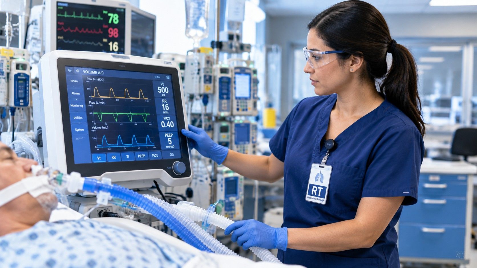 Respiratory therapist managing ventilator equipment in an LA hospital ICU.jpeg