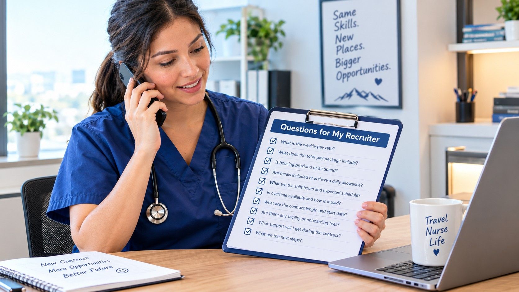 Travel nurse asking a recruiter key questions from a checklist before signing..jpeg